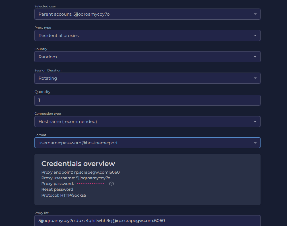 Panel de configuración de proxy residencial con parámetros recomendados